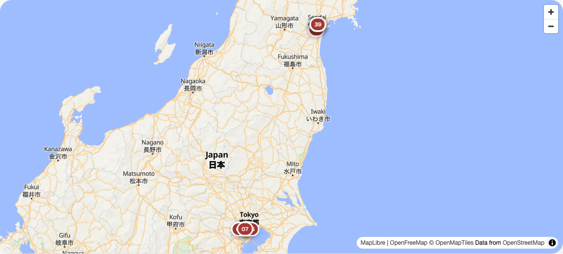 リアルじゅじゅさんぽの実地図画面。東日本の地図と場面カードに対応する番号付きの参照地点。